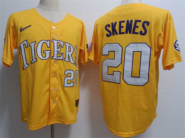 Men's LSU Tigers #20 Paul Skenes Gold 2023 Stitched Baseball Jersey Dzhi